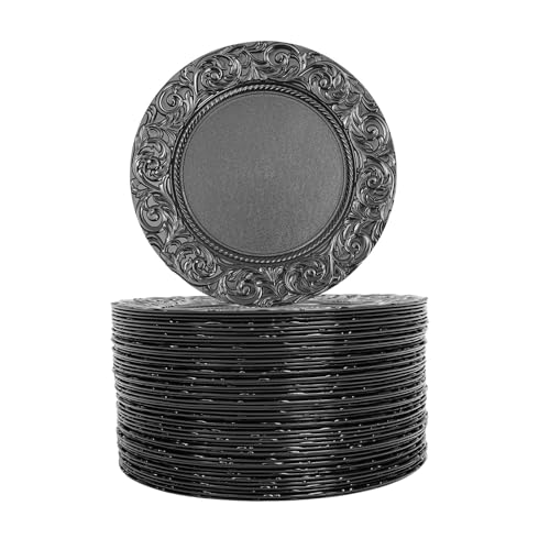 JLYNOWPT 100 Pcs Black Round Charger Plates Bulk, 13 Inch Reusable Antique Charger Plates Set Plastic Embossed Dinner Plate for Table Setting Wedding Party Event Tabletop Setting Decor (Black)