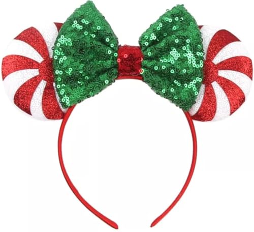 Image of CLGIFT Christmas Red Peppermint Candy Minnie Ears, Iridescent Minnie Ears, Rainbow Sparkle Mouse Ears,Classic Red Sequin Minnie Ears (Christmas Red Peppermint Candy)