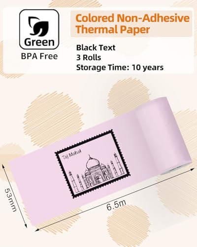 Image of T02 M02X S002 AHM2 53mm Non-Adhesive Color Thermal Sticker Paper | 50mmx3.5mm, Strong Sticky, DIY Journal, Color Labels, Keep for 20 Years, 3 Rolls