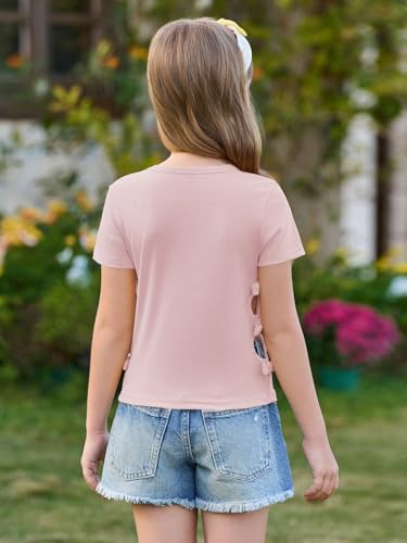 Image of Haloumoning Girls Short Sleeve Shirts Kids Summer Casual Side Bow Knit Tops Tees 5-14 Years