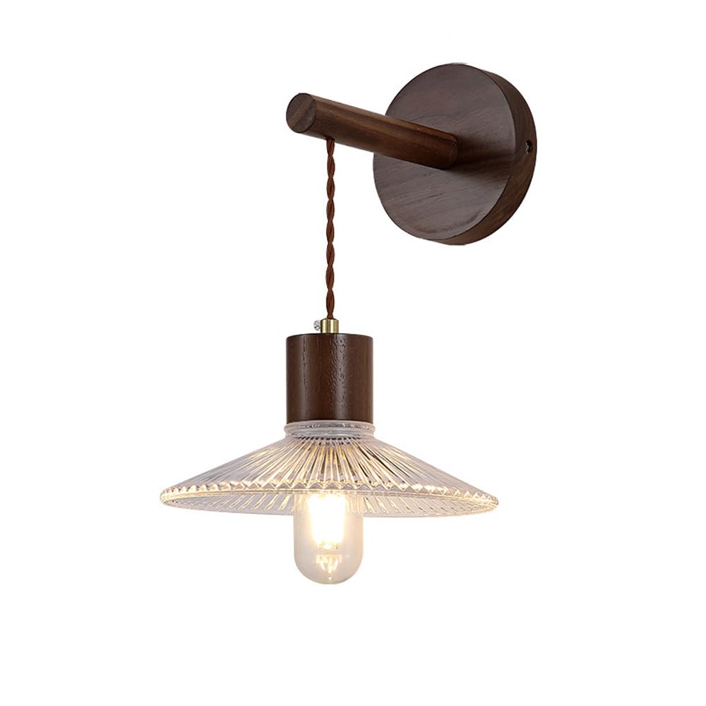 KBUUKYYXouy Vintage Wall Sconce Industrial Hardwired Ribbed Glass Wood Wall Light Fixture Mid Century Wood Wall Sconce Hanging Farmhouse Rustic Wall Mounted Lamp for Bedroom Living Room Bedside(B)