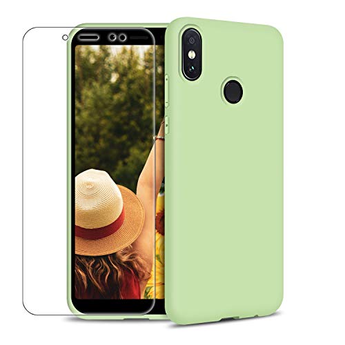 Funda Xiaomi Mi A2 + Protector de Pantalla de Vidrio Templado, Carcasa Ultra Fino Suave Flexible Silicona Colores del Caramelo Protectora Caso Anti-rasguños Back Case - Menta Verde