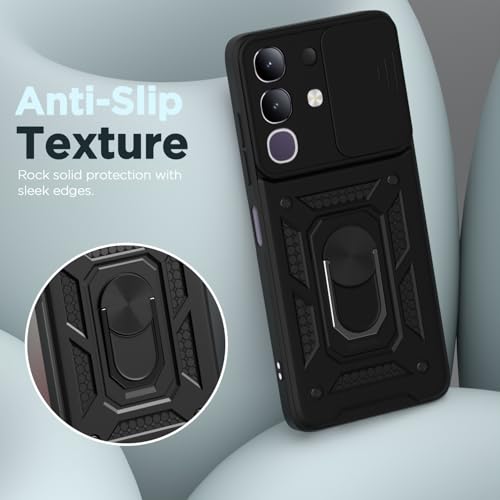 Image of Outlouders Back Cover for Vivo T4x 5G / iQOO Z10x 5G | D10 Tough Armor 360 Protection Case with Sliding Camera Shield & Ring Holder Stand Bumper Case (Black)