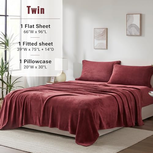 Image of True North by Sleep Philosophy Plush Sheet Set Twin, Solid Color, Warm & Soft Bedding Twin Size Sheets, Fitted Pocket Fits Up to 16 inch Mattress, Soloft, Burgundy 3 Piece