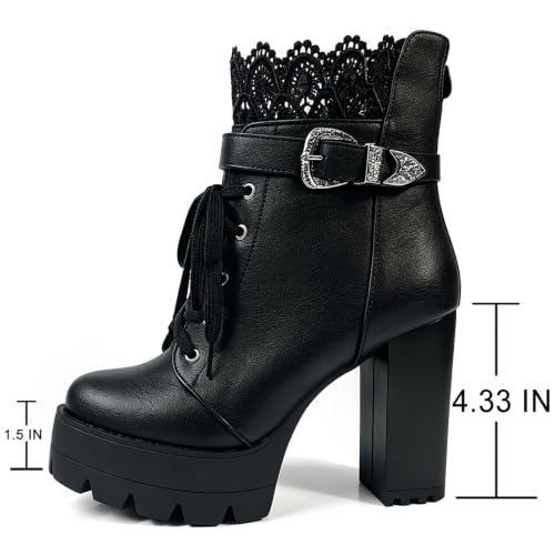 Image of FOREADA Goth Platform Heel Combat Boots Women Pearl Lace Victorian Booties