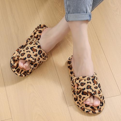 Image of Evshine Summer House Slippers for Women Corduroy Cross Bow Indoor Slippers Open Toe Slip On Bedroom Shoes with Memory Foam