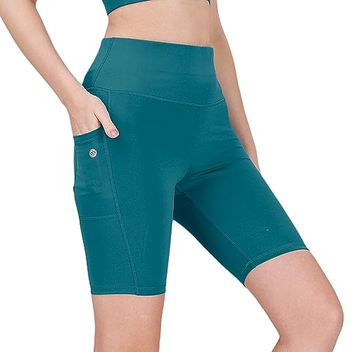 Image of SOIE Women Polyester Blend Sports Shorts High Waist Knee Length with Side Pocket Quick Dry Squat Proof Athleisure Shorts for Workout