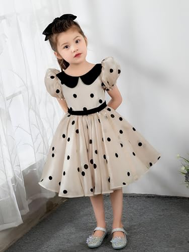 Image of Captivating Polka Dot Printed Baby Frock, Elegant Organza Cotton Puff Sleeve Kids Dress with Peter Pan Collar Celebrations & Style.