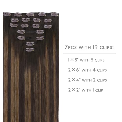 Image of WENNALIFE Clip in Hair Extensions Real Human Hair, 14 Inch 120g 7pcs Dark Brown to Chestnut Brown Balayage Remy Hair Double Weft Reusable