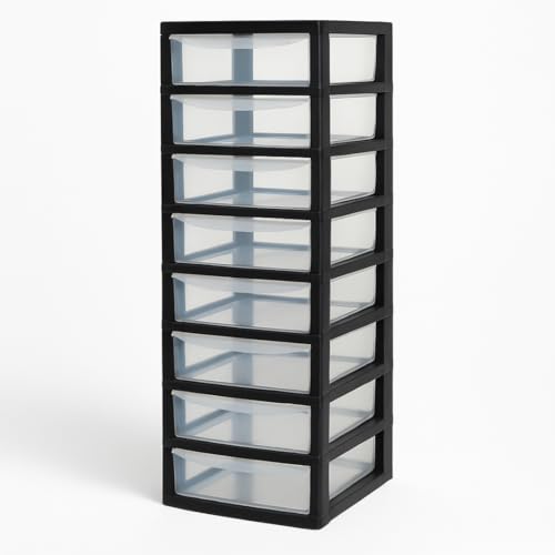 A4 PLASTIC STORAGE DRAWERS DRAW TOWER UNIT OFFICE DESKTOP TABLETOP HOME SCHOOL GARAGE MODULAR & PORTABLE DRAWERS OFFICE DESK ORGANIZER SLIM A4 SIZE 2|3|4|6|8 TIERS (Black/Clear, A4 Slim 8 Drawers)