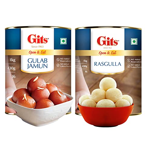Gits Open & Eat Gulab Jamun + Rasgulla, 16 Pieces Per Can, Mouth-Watering Indian Mithai, 2Kg (2000gram)(1Kg Gulab Jamun Tin + 1Kg Rasgulla Tin)