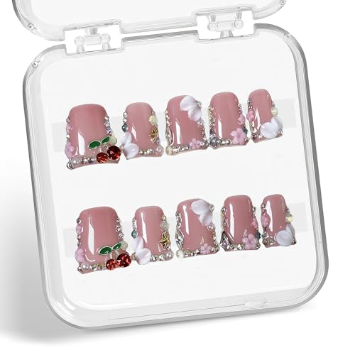 10 Stück Klebe Nägel, Uñas postizas de gel adhesivas con diseño lujoso 3D de perlas y cerezas para mujeres, ideal para fiestas, bodas, citas y uso diario (Rosa)