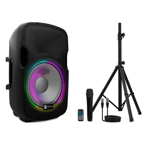 Wiibo - Festa 15BT Altavoz Activo Profesional de 15" - Potencia de 600W - Altavoz con Bluetooth - Conexión USB/SD - Soporte Ajustable - Kit de Cable + Micrófono - Mando a Distancia - Iluminación LED Cover