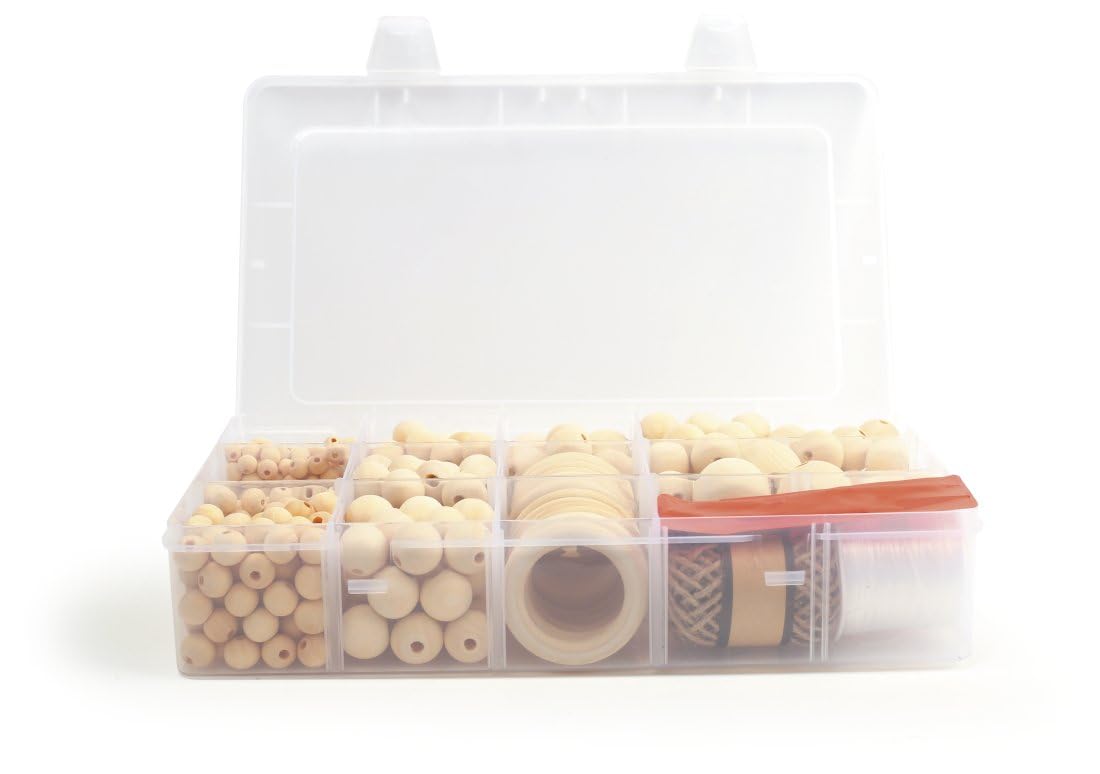 Caja de cuentas y anillos de madera - 747 piezas