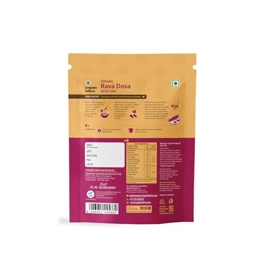 Image of Organic Tattva Rava Dosa Instant Mix, 800g, Ready in 5 Easy Steps, 4 Pack | With Rock Salt & Cumin Seeds, Low in Carbs & Calories, No Artificial Flavours or Preservatives, Ideal for Quick Breakfasts