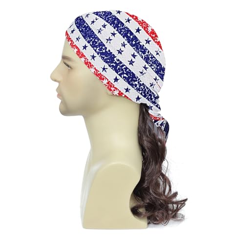 Image of Men's Mullet Wig with USA Bandana - Long Curly Patriotic Mullet Wig for 4th of July, Hillbilly Costume, Redneck Party, Cosplay (Medium Brown)