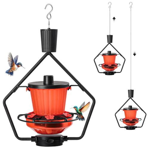 WROSWT Retractable Hummingbird Feeder, 19oz Top-Fill Wide Mouth with Height Adjustment, UV-Resistant ASA Plastic, 100% Leak-Proof Base& Dishwasher Safe Feeders for Outdoor Hanging, Black
