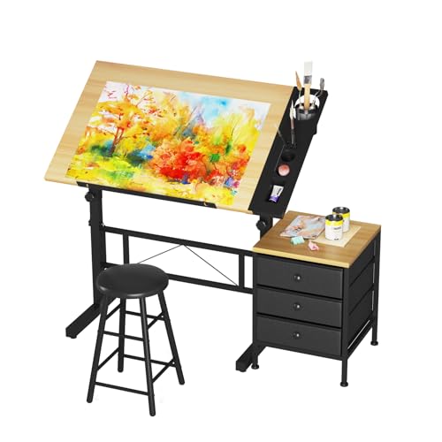 Dripex Mesa de Dibujo Profesional con Tablero Inclinable Altura Ajustable, Artista de Pintura Arquitecto Estudio Dibujo Escritorio para Computadora con Taburete y Taquillas, Color Madera