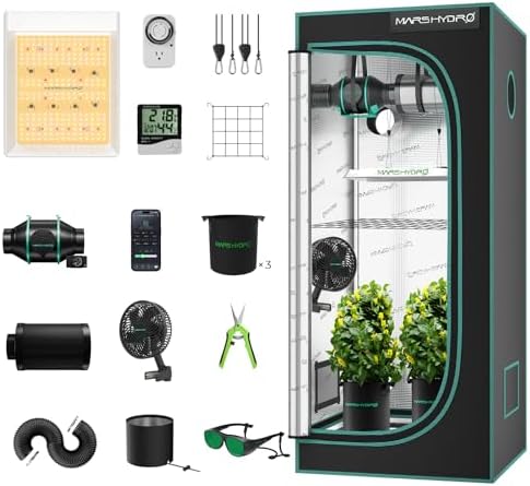 MARS HYDRO 2x2 Grow Tent Kit Complete System with 10 Speed Clip Fan,100W TS600 LED Full Spectrum Grow Light,24"x24"x55" 1680D High Reflective Mylar Grow Tent,4 inch 205 CFM Smart Ventilation System