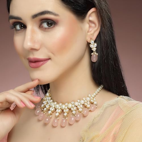 Image of Karatcart Pink Stone Studded Pearl Kundan Necklace Set for Women