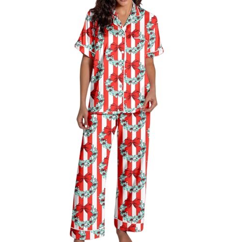 Conjunto de pijama cómodo de satén de manga corta con botones y pantalones, ropa de dormir suave para noches acogedoras y relajación, sueño y descanso, rosso, S