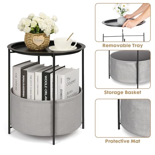ShellKingdom End Table, Small Round Side Table with Fabric Basket, Metal Night Stand with Removable Tray for Living Room, Bedroom, Nursery, Laundry (Black) by ShellKingdom - Used condition - Image 6