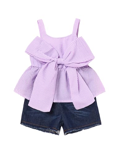 Image of SEYOUAG Toddler Girls Clothes Sleeveless Camisole Ruffle Tops and Jean Short Sets 1-7T Girl Clothes