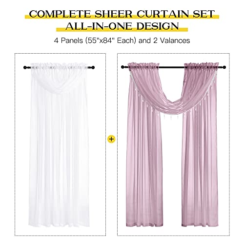 Nicetown Nursery Curtains For Kids Bedroom, Window Sheer Curtain All-In-One Set With 4 Panels And 2 Valances With Crystal Beads For Living Room, Dining Room, 55" Wide X 84" Long, Light Purple & White #TOP5
