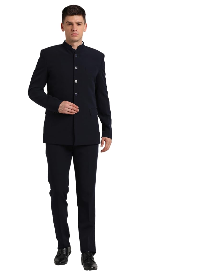 Men Poly Viscose Mandarin Collar Tailored Fit Navy Three Piece Party Suits