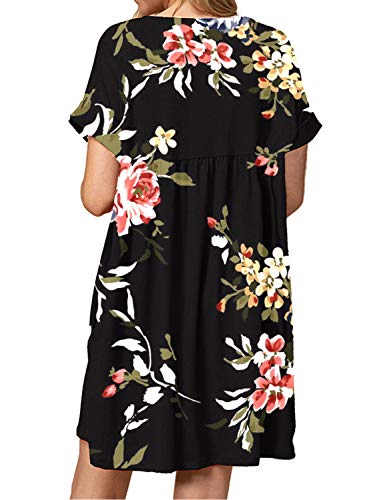 Image of Jayscreate Women's Baby Doll Dress Summer Casual Tunic Pleated Flowy Swing Short Sleeve Black V Neck Mini Dress