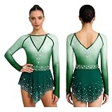 YEAHDOR Abito da Pattinaggio Artistico sul Ghiaccio Donna Strass Body da Danza Classica a Manica Lunga Leotards da Balletto con Strass Vestito da Ballo Latino Verde scuro S