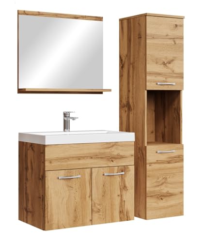 Badplaats Badmöbel Komplettset Montreal 60 x 35 cm Eiche - Badezimmermöbel mit Waschbecken, Spiegel und Badezimmerschrank