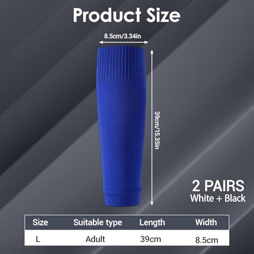 2 Pairs Pre Cut Soccer Socks Shin Guard Sleeves, Compression Leg Sleeves for Men Women Youth, Elastic Calf Support Socks & Breathable Football Guard Holders Black White (White+Blue, L) - 1