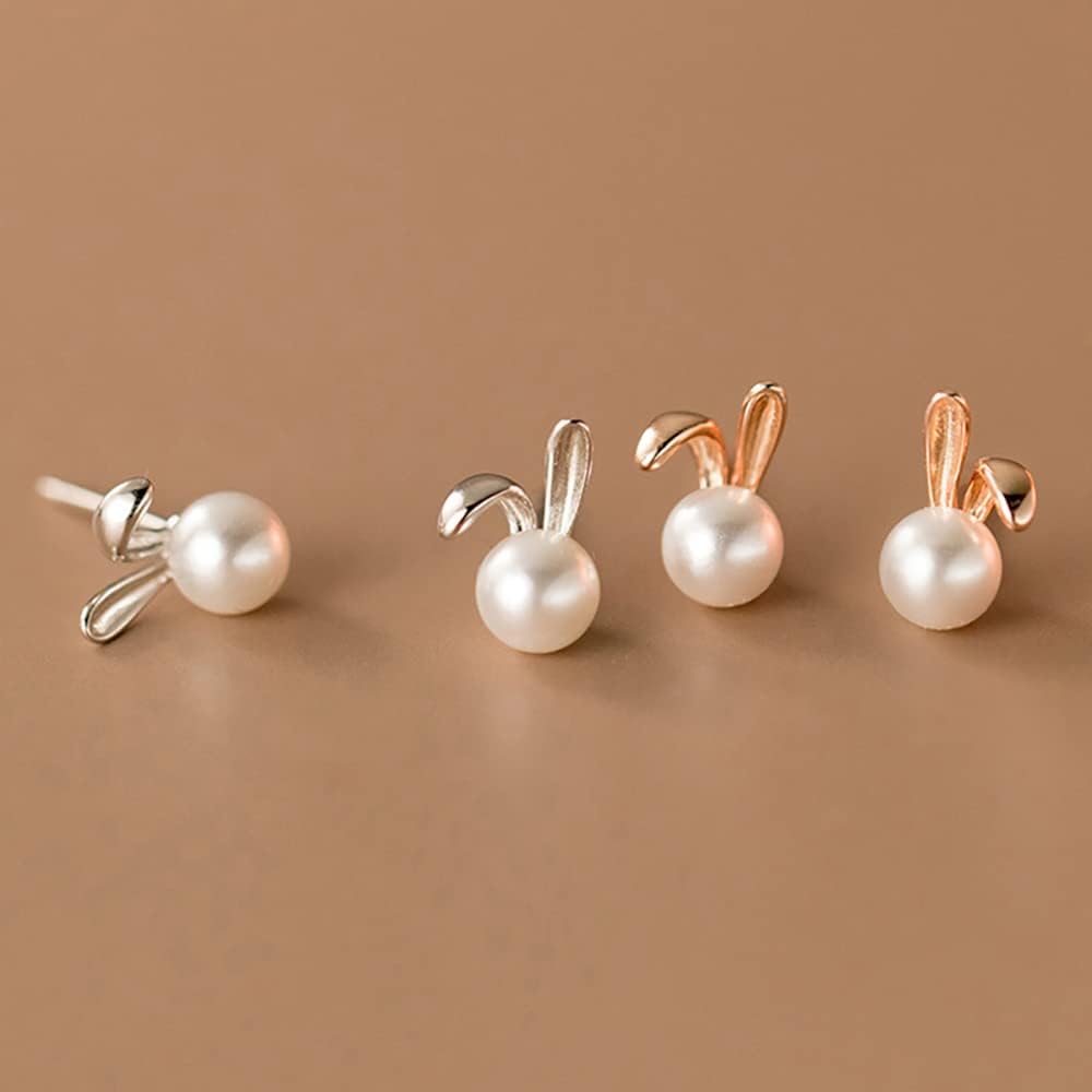 Cute Rabbit Pearl Tiny Stud Earrings for Women Teen Girls 925 Sterling Silver Bunny Animal Cartilage Hypoallergenic Small Studs Earring Elegant Jewelry Gifts Bff - Image 5