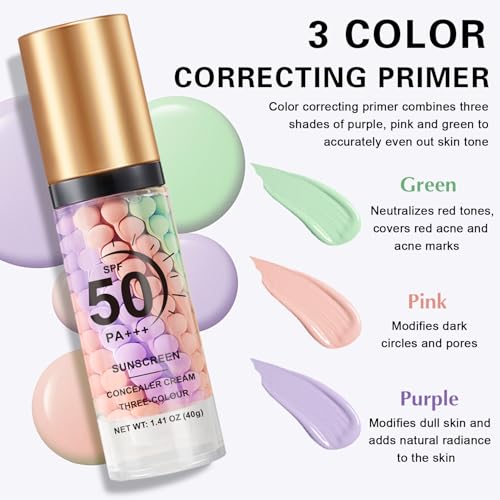 QIUFSSE 2PCS Color Correcting Primer Face Makeup with Powder Puff,Face Primer with SPF 50,Oil Control Primer Makeup,Hydrates and Moisturizes,Radiance Skin,Protector Solar Para La Cara Con Color