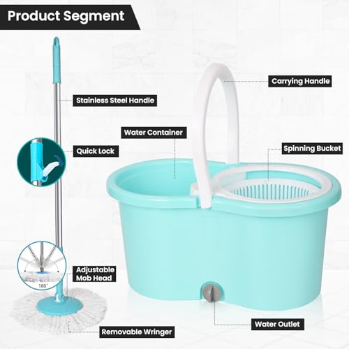 Pivalo Bucket Quick Spin Mop with 2 Microfiber Wet Dry Mophead Floor Cleaning pocha Extendable Handle Removable Wringer 360° Floor Cleaner Mopping Set (Random Colour) - Image 2