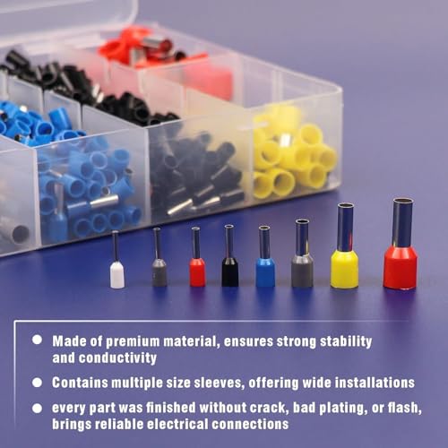 Image of 1200-pcs wire ferrule crimp connector assortment kit, insulated copper ferrules for secure electrical connections, crimping ferrules for electrical wiring, wire jointer kit (Multicolor)