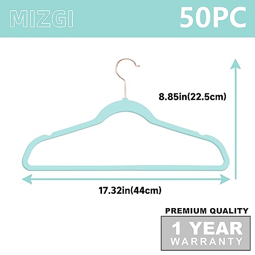 Image of MIZGI Premium Velvet Hangers (50 Pack) Heavy Duty - Non Slip Felt Hangers - Aqua Blue - Rose Gold Hooks,Space Saving Clothes Hangers,Durable Strong Hangers for Suits,Coats