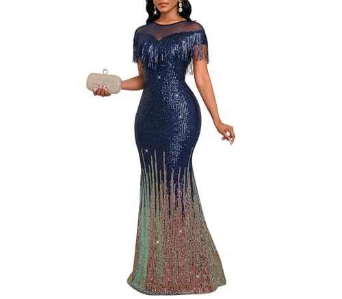 Cololura Women Sexy Elegant Sequin Tassels Mesh Perspective Maxi Dress Party Evening Gown Mermaid Formal Dress