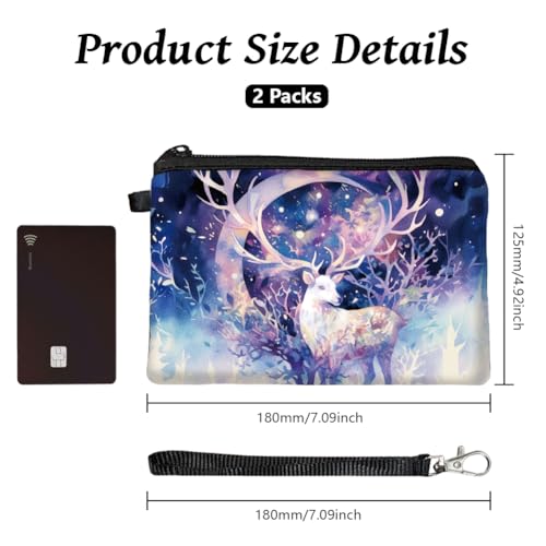 Peacoblue Original Designs Coin Purse for Women Girls Watercolor Style Deer 2 Packs Change Purse with Zipper, Durable and Soft Canvas Wallet Pouch for Travel, Gift2