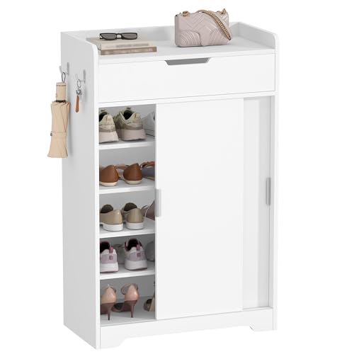 Hzuaneri Meuble à Chaussures à Porte Coulissante, Armoire à Chaussures à 5 Niveaux, Séparateurs Réglables, 12-15 Paires, 1 Grand Tiroir, 2 Crochets, Gain...