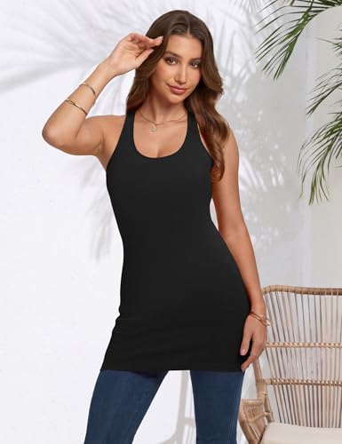 Missclub 3 Pack Long Tanks with Shelf Bra for Women Ribbed Racerback Tank Tops with Shelf Bra Cotton Black Tunic S — view 2