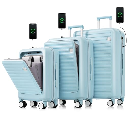 3-Piece Luggage Set with USB Port - Airline Certified Carry-On Suitcases (20, 24, 28 Inch) - Durable ABS Hard Shell with 360° Wheels - Light Blue