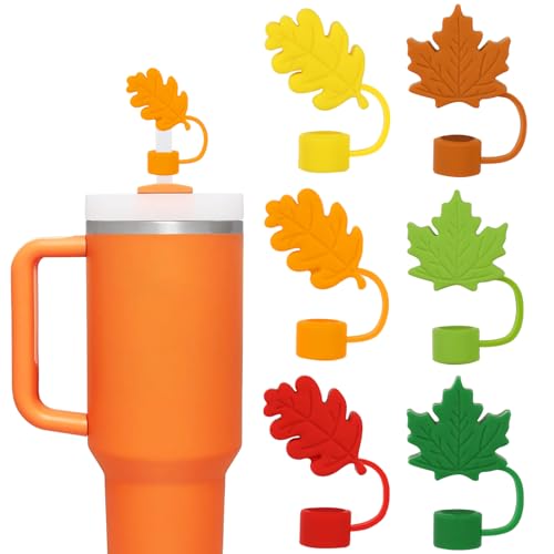 JarThenaAMCS 6Pcs Fall Straw Cover Cap Colorful Maple Leaf Reusable Silicone Straw Topper Autumn Thanksgiving 10 mm/0.4 Inch Straws Lid Protector for 30/40 Oz Tumbler Cup