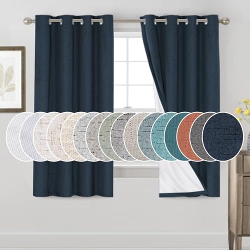 Image of PrinceDeco 100% Blackout Curtains Navy Blue Curtains 63 Inch Length Linen Textured Thermal Insulated Black Out Drapes for Bedroom Living Room,Privacy Protection 2 Panels Set, W52 x L63 Inch