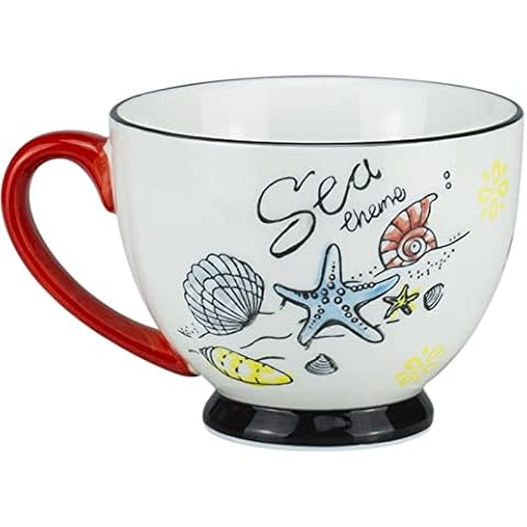 haqiu line HAQIULINE Floral Porcelain Tea Cup - 500ml Breakfast Cup &Large Cup Saucer - Handmade Floral Porcelain Tea Cup- Best Gifts for Women,Kids (Blue-sea) Cover