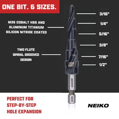 Image of NEIKO 10605B Step Drill Bit, 6 Steps 3 /16 inch to 1 /2 inch Spiral M35 Cobalt, AlTiSiN Coated, 1 /4 inch Quick Change Step Bits for Steel, Metal, Wood, Plastic, Unibit Cone Drill Bits, Two Flute