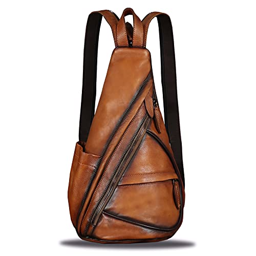 Ivtg Genuine Leather Sling Bag Casual Shoulder Hiking Backpack Vintage Handmade Crossbody Bag Retro Chest Daypack Convertible Backpack (Brown) #TOP1