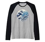 Asiático Great Wave Blue Sea Ocean Japón Kanagawa Camiseta Manga Raglan