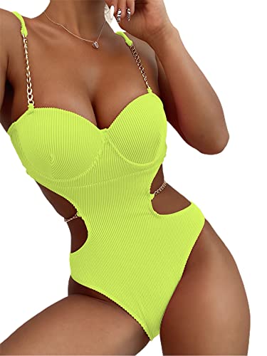 Avanova Damen Sexy Einteiler Badeanzug Hohe Taille Cut Out Kettenriemen Gerippter Badeanzug, gelb, Large Cover